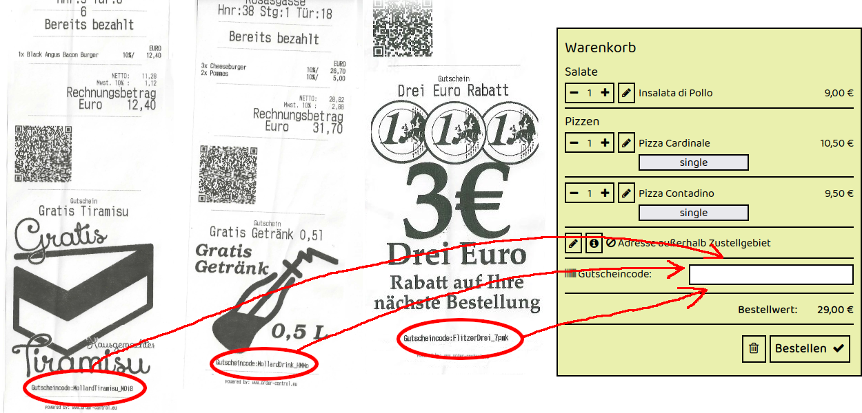 Beispiel für Gutscheincodes auf Rechnungszetteln von Donatello in Wiener Neustadt Hauptplatz 24 – drei Rechnungen mit individuellen Gutscheincodes, die im Online-Warenkorb des Restaurants eingegeben werden können.